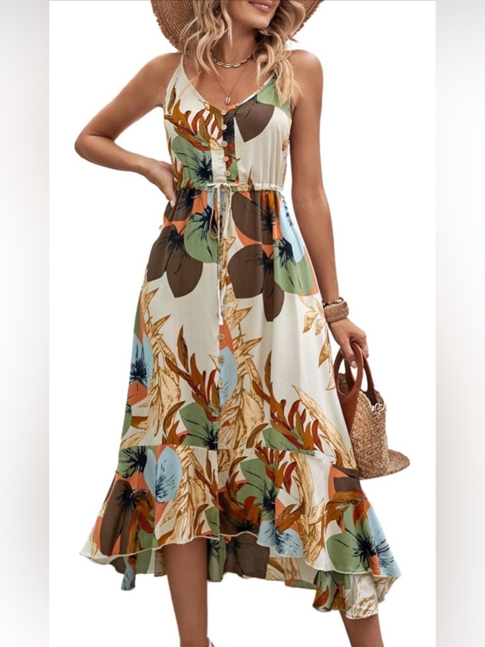 🆕 Spaghetti Strap V Neck Flowy Midi Dresses - Picture 1 of 2